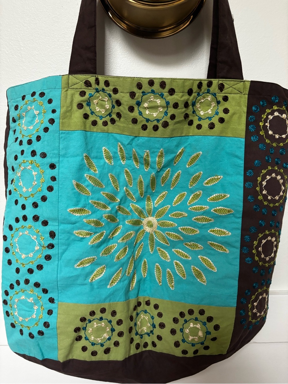 Embroidered Turquoise & Olive Circle-Pattern Tote Bag